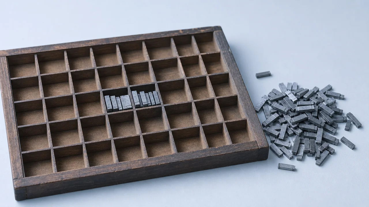 Kullanılmayan metal harflerin ayrıldığı, yalnızca gereken setin kaldığı tepsi