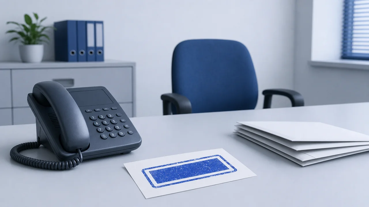 Masaya düşmüş damgalı FAIL fişi ve sessiz bir ofis telefonu